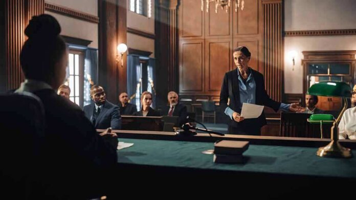 shutterstock_2056444955 Attorney addressing a judge in a courtroom