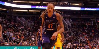 basketball player dribbling on a court during a game