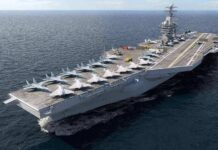 Aircraft carrier at sea with fighter jets on deck