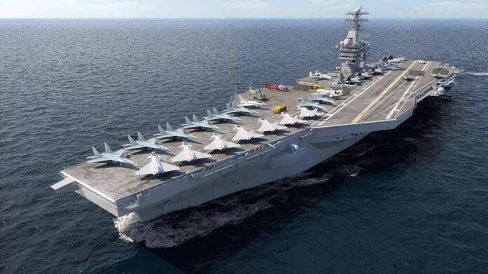 Aircraft carrier at sea with fighter jets on deck