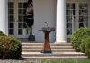 Grocery Shock: Trump Floods Lean Beef Podium with presidential seal in a garden colonnade