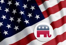 American flag with Republican elephant emblem