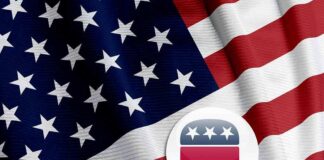 American flag with Republican elephant emblem