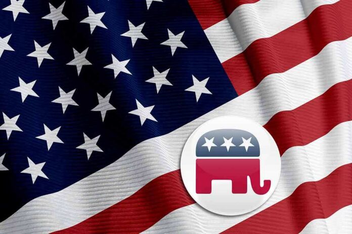 American flag with Republican elephant emblem