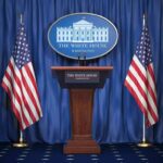 Iran Showdown Begins Inside The White House White House press podium with microphones and two American flags
