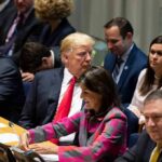 U.S. Walkout Explodes Iran’s UN Spin Donald Trump seated between António Guterres and Nikki Haley, with Mike Pompeo in the foreground at a meeting