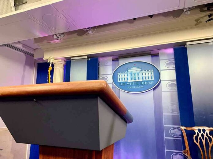 shutterstock_1571881333 Podium in White House press briefing room
