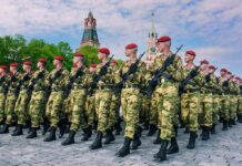 Putinβs Ballot Goes Battlefield Soldiers in camouflage uniforms march in formation with rifles