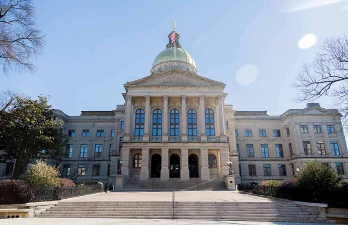 State capitol building with gold dome and columns