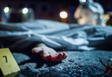 crime scene with covered body and evidence marker