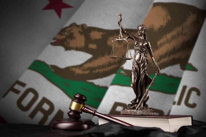 shutterstock_2232490273 Lady Justice statue with gavel and book before California state flag