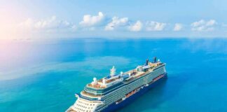 Cruise ship sailing on calm turquoise sea