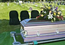 One Pill Theory Shocks Hollywood – Actress Dead casket with floral arrangement at outdoor graveside service
