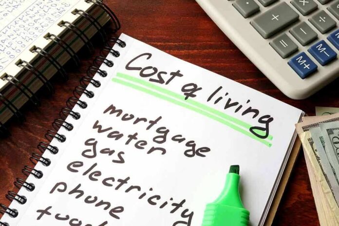 shutterstock_593390591 Budget notebook with cost of living list, calculator, and cash