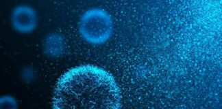 Glowing blue microscopic cell