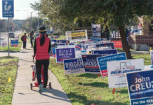 Brutal Campaign Ad Hides Dark 1978 Bombshell Person walking with stroller past numerous election campaign signs.