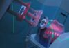 Patient undergoing head radiotherapy with laser alignment and immobilization mask