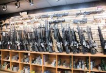 Wall of rifles and shotguns in a gun store