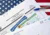 Visa Crackdown Slams Microsoft immigration forms with green card and social security card on US flag background