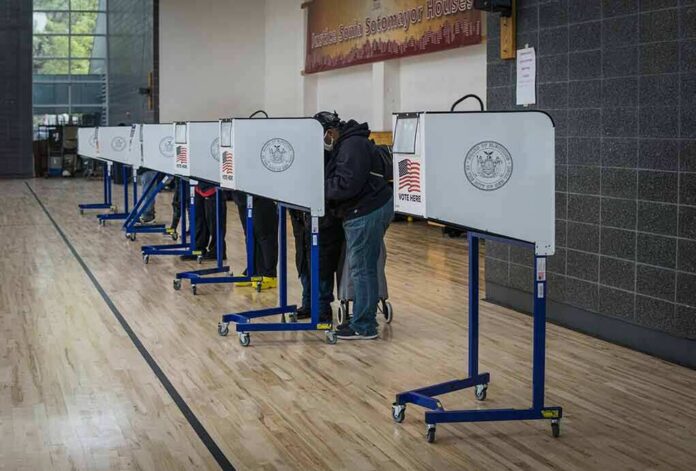 shutterstock_1846768891 Voters at polling booths in a gymnasium