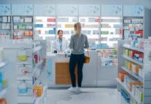 Yvonne Li assisting a customer at a pharmacy counter
