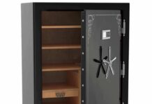 Mom-Bought Shotgun Triggers Legal Firestorm Open black safe with digital keypad and shelves inside