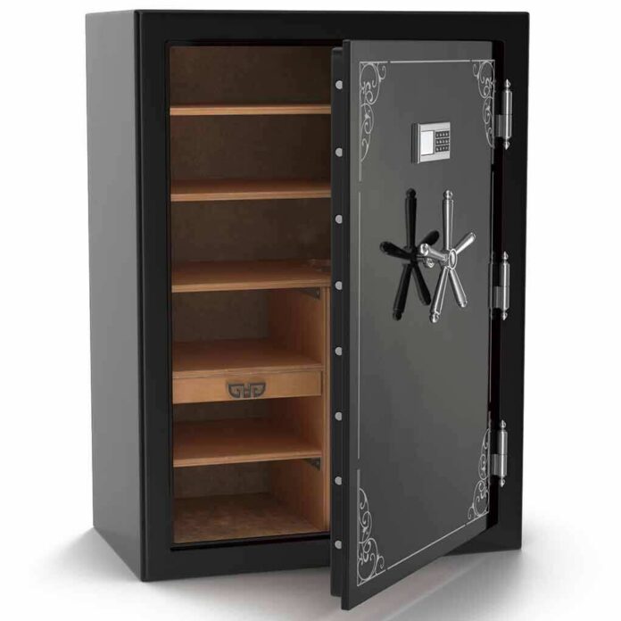 Open black safe with digital keypad and shelves inside