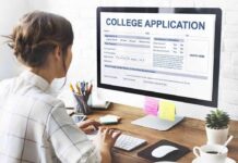 Half-Empty Schools, Bloated Payroll Student completing a college application on a desktop computer