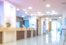 hospital reception area with bright lighting