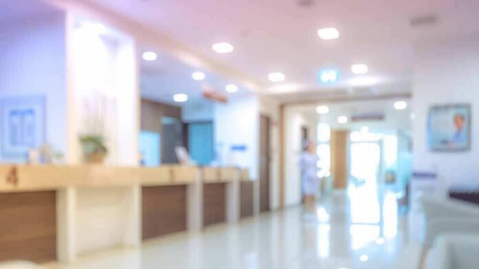 hospital reception area with bright lighting